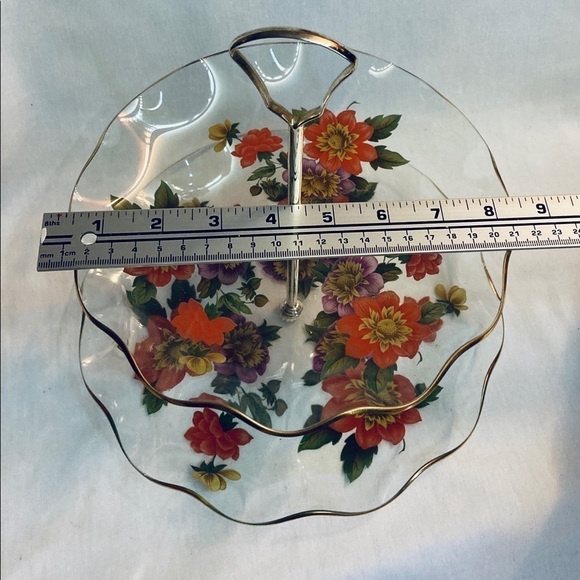 Vintage Two Tier Tidbit Candy Tray Ruffle Gold Edge Floral Glass - Picture 5 of 5